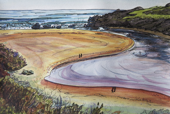 Bluehole fine art print of watercolour painting pen and ink warrnambool estuary river mouth seascape landscape