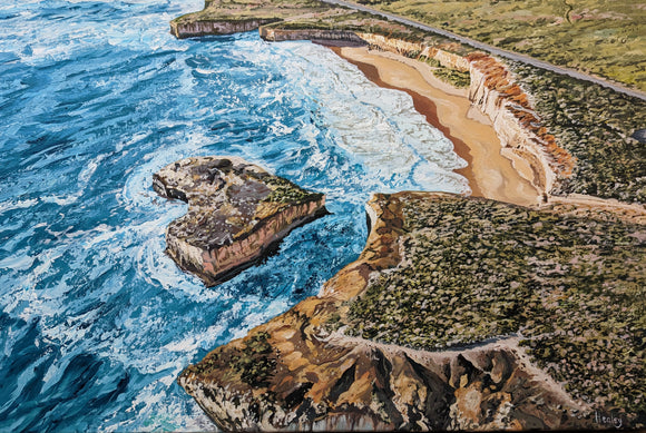Drone painting of London Bridge and Great Ocean Road coast in Australia.