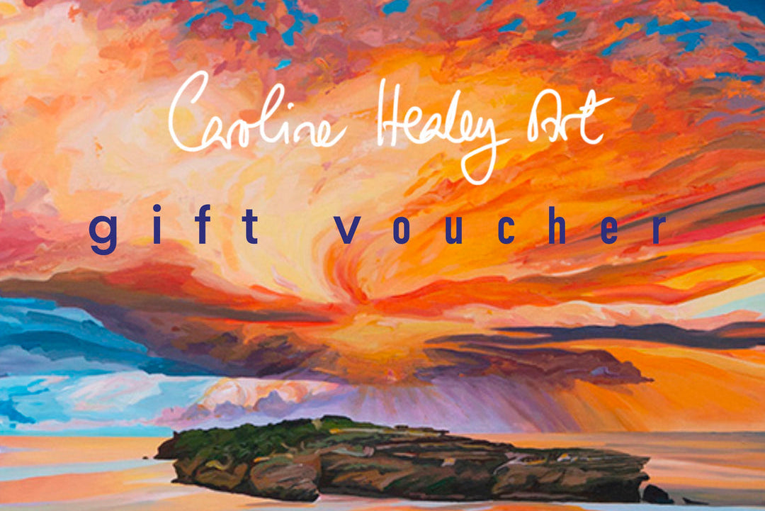 Gift voucher with a colorful beach scene painting by Caroline Healey Art