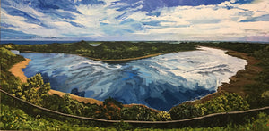 Commissioned painting of Tower Hill crater lake acrylic canvas panoramic pano reflections water
