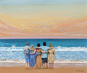 Commissioned painting of family on beach at sunset arm in arm acrylic on canvas by Caroline Healey