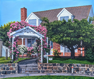 Commissioned painting of house cottage with roses steps and a brick front by Caroline Healey painted in acrylic on canvas