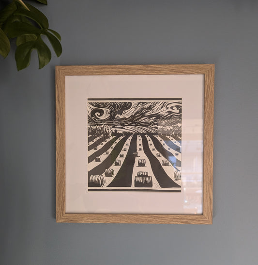 Haybales Linocut