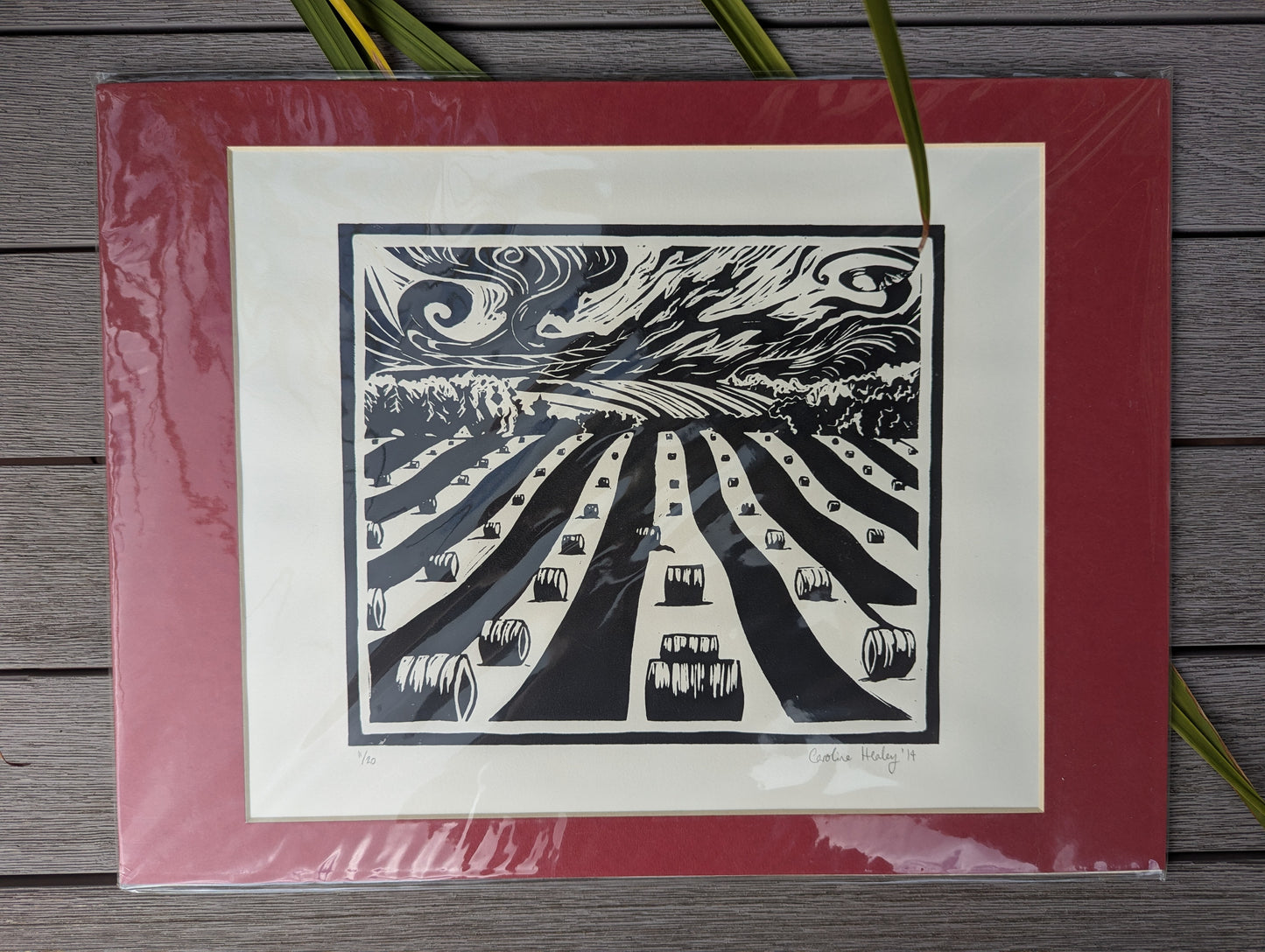 Haybales Linocut
