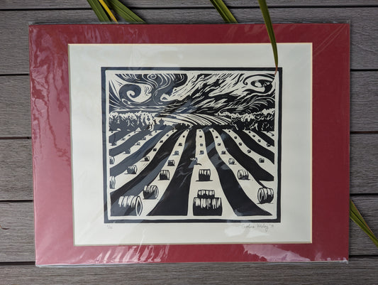 Haybales Linocut
