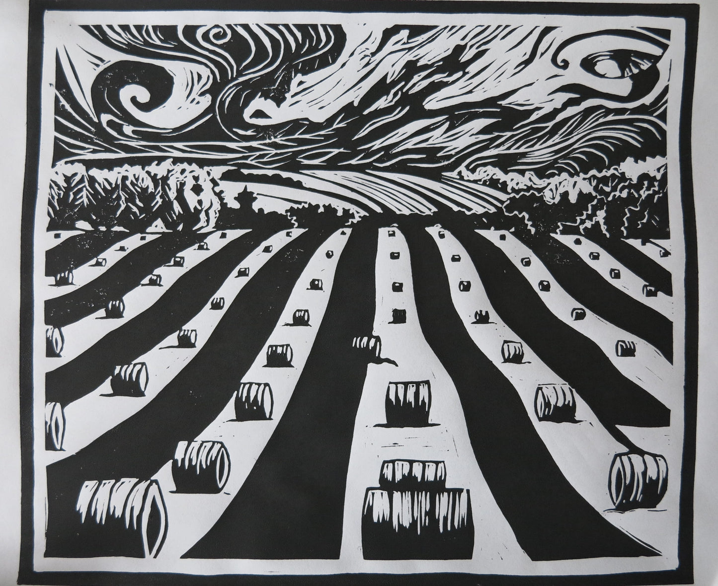 Haybales Linocut