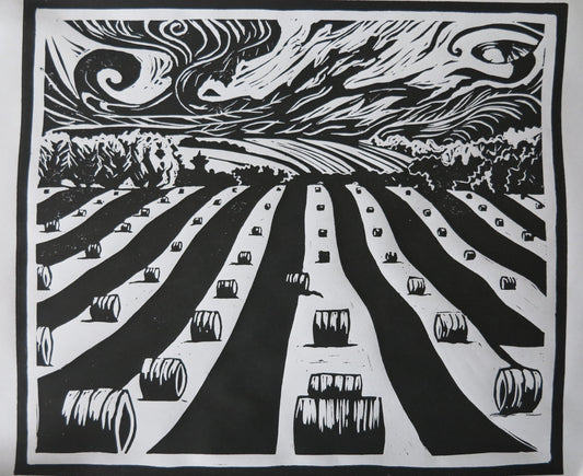 Haybales Linocut