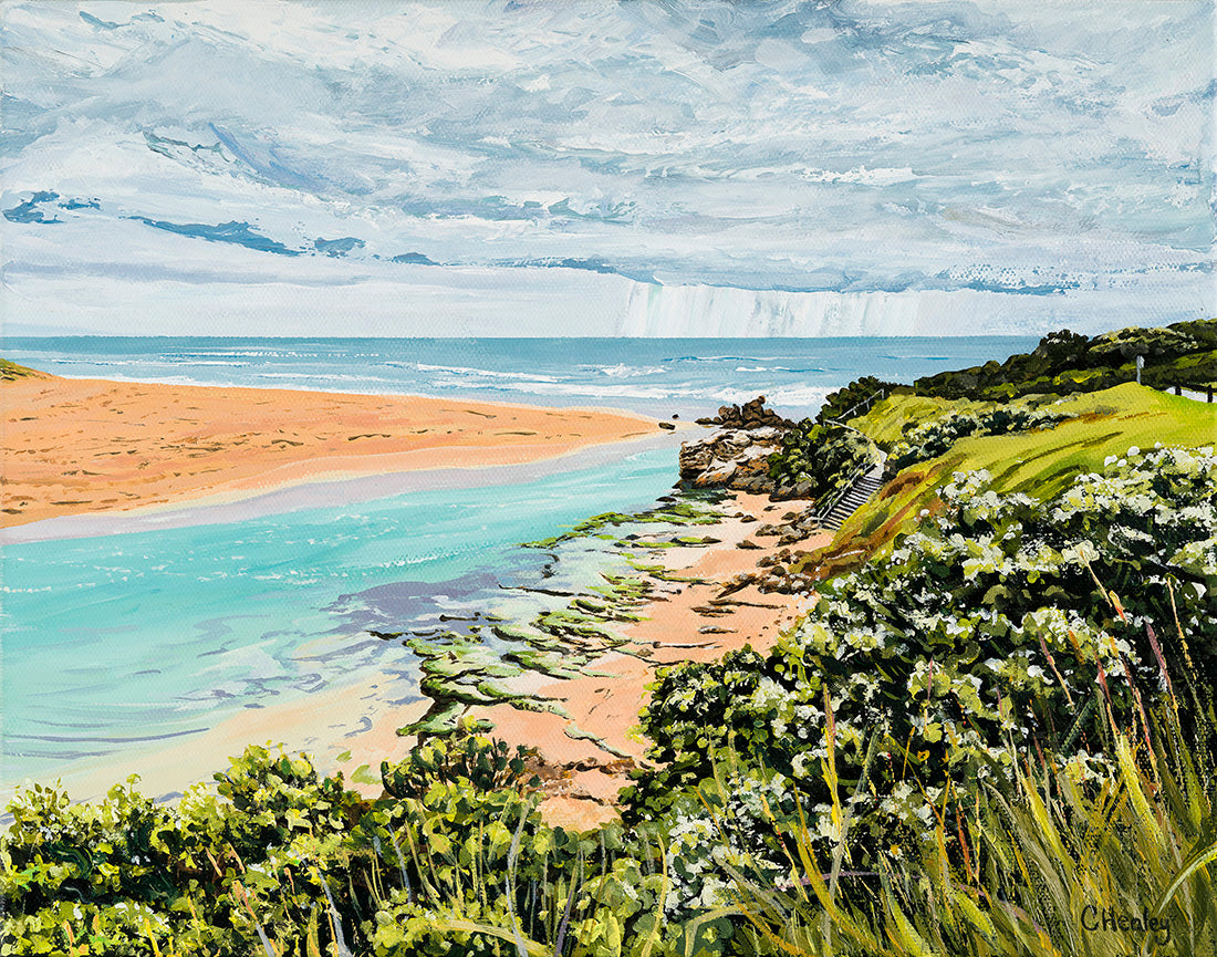 Hopkins River Mouth II Warrnambool Victoria acrylic coastal painting by Caroline Healey