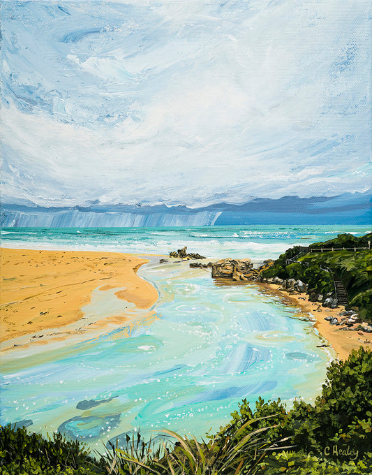 Hopkins River Mouth I Warrnambool Victoria acrylic coastal painting by Caroline Healey