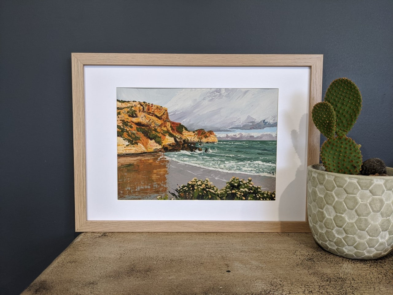 Murnanes Bay cactus stormy sea seascape landscape beach reflections green sea cliffs coastal impressionist painting acrylic art fine art print A4